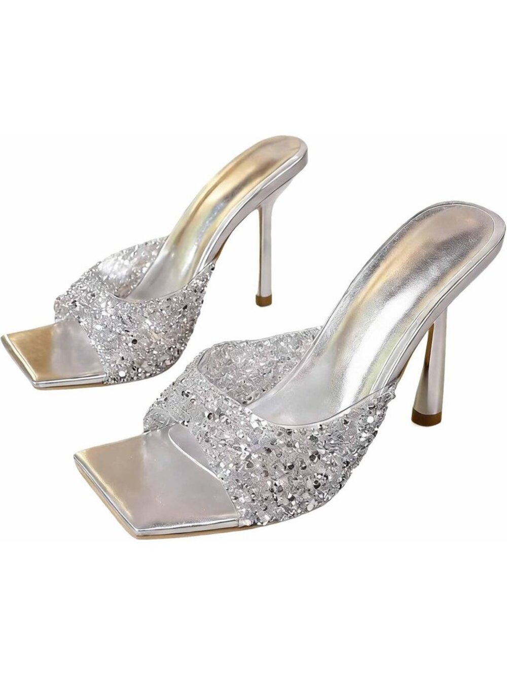Women's Sliver Wide Strap Shiny Rhinestones Stiletto Sandals Square Open Toe